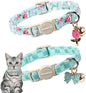 2 Pack Green Flower Cat Collars Breakaway with Bell, DOGWONG Safety Buckle Green Plaid Cute Cat Collar for Girl Boy Cats，Adjustable 7-12 Inch