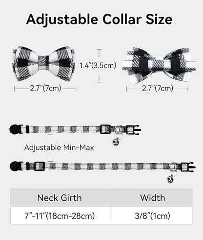 Joytale Upgraded Cat Collar with Bells, Breakaway Cat Collars with Bow Tie, 2 Pack Girl Boy Safety Plaid Kitten Collars, Black+Blue