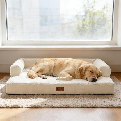 Orthopedic Dog Beds for Extra Large Dogs, Waterproof Egg Crate Foam XL Dog Bed with Sides 45x35Inch, Big Dogs Couch Beds with Removable Washable Cover and Nonskid Bottom, Beige