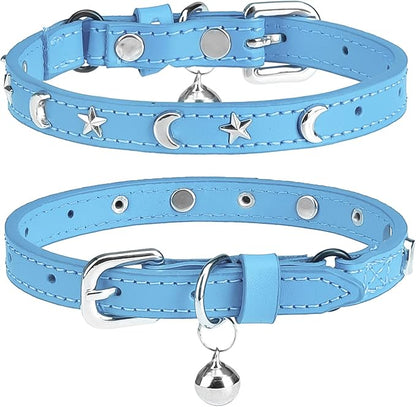 Leather Cat Collars for Boy Girl Cats with Bell and Safety Elastic Belt, Personalized Star and Moon Stud Adjustable Safe Buckle Collar for Kitty Small Big Cats Size 7-9 Inch, Light Blue