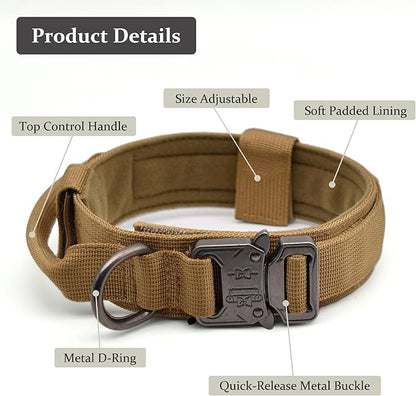 Tactical Dog Collar, Adjustable Military Training Nylon Dog Collar with Control Handle and Heavy Quick-Release Metal Buckle for Small Medium Large Dogs, Brown S