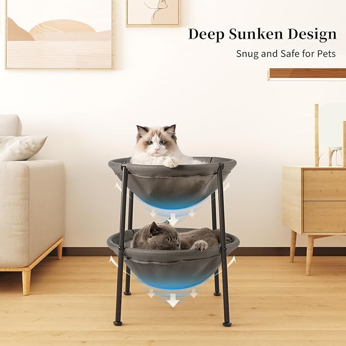 Double Cat Bed Grey, Breathable Kitty Bed for 2 Cats with 4 Adjustable Feet & Anti-Slip Mats, Easy Assembly Cat Hammock for Multi-cat Household, Indoors & Outdoors, 22.8 in x18.7 in x 18.7 in