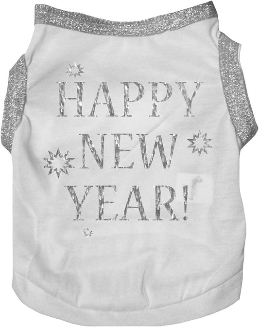 Petitebella Bling Happy New Year Puppy Dog Shirt (White/Sliver, Small)