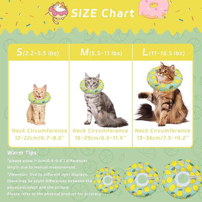 Cat Cone Collar Soft, Adjustable Cat Recovery Collars Kitten Cones to Stop Licking, Cute Donut Neck Collar After Surgery, Elizabethan Collar for Cats After Spay (Green Lemon, Small)