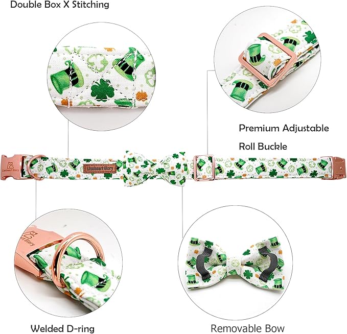 Lionheart glory Dog Bow Collar St. Patrick's Day Dog Collar for Medium Dogs, Adjustable Green Collars Lucky Clover Shamrock Dog Collar with Bowtie Pet Collar Bows