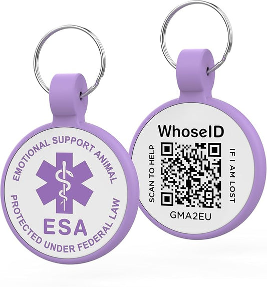 ESA Dog Tag, QR Code Dog Tag, Modifiable Free Pet Online Profile, Scannable QR Code, Scan QR Send Instant Location Alert Email, Silicone Lightweight ID Tag for Dog and Cat (Purple, Regular)