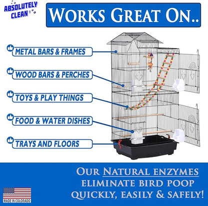 Absolutely Clean Amazing Bird Cage Cleaner and Deodorizer - Just Spray/Wipe - Safely & Easily Removes Bird Messes Quickly and Easily - USA Made - Fragrance Free (4X Concentrate - 16oz Makes 64oz)