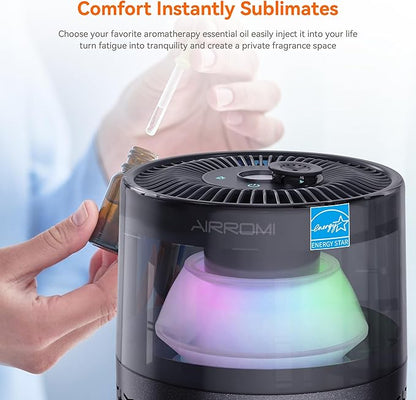 AIRROMI Pet Air Purifier for Home & Bedroom, HEPA Activated Carbon Filter, Removes Pet Dander & Odor, Allergies, Smoke, Hair, Night Light, Fragrance Sponge, Up to 658 ft², A2002 Grey