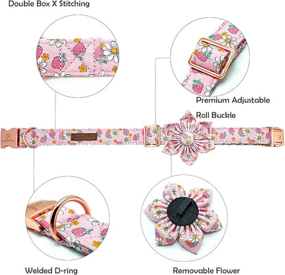 Lionheart glory Dog Collar Flower Collar Pink Dog Collar with Flower Spring Summer Cute Collar Dog Female Soft Durable Adjustable Dog Collars for Medium Dogs, B:Strawberries