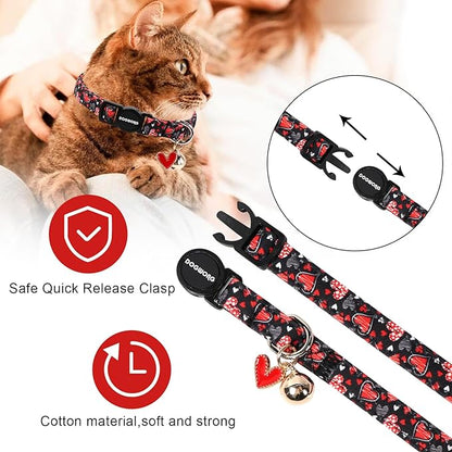 Cat Collar,2 Pack Cat Collars Breakaway with Bell, DOGWONG Safety Buckle Valentine's Day Cat Collar Cute Heart for Girl Boy Cats and Small Dogs，Adjustable 7-12 Inch,Pet Supplies Accessories