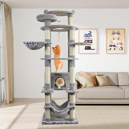 78.8" Large Cat Tree Tower for Indoor Kitties, Multi-Level Furniture Activity Center for Tall Cat Condo with Cozy Perches,Sisal Scratching Posts,Hammock and Basket (78.8 inch Light Gray)