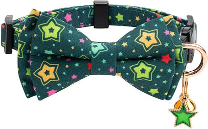2 Pack Cotton Cat Collar with Bow Tie and Bell for Girl Boy Cats,Cute Pink Flamingo and Blue Whale Pattern Spring Summer Breakaway Cat Collar for Male Female Cats (Star&Moon)