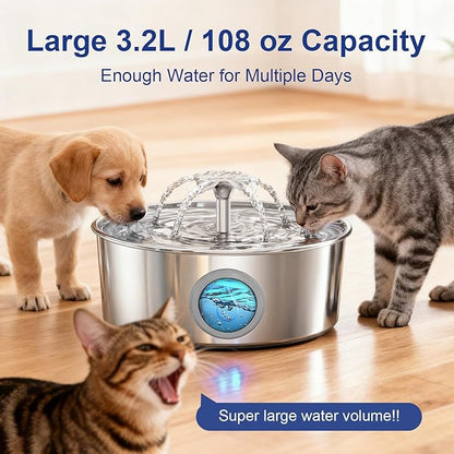 LucidShine 108oz/3.2L Stainless Steel Cat Water Fountain with 8 Replacement Filters（Up to 8-Month Supply）, Automatic Pet Drinking Fountain for Multi-Pet Households, Ultra Quiet Pump & Dishwasher Safe