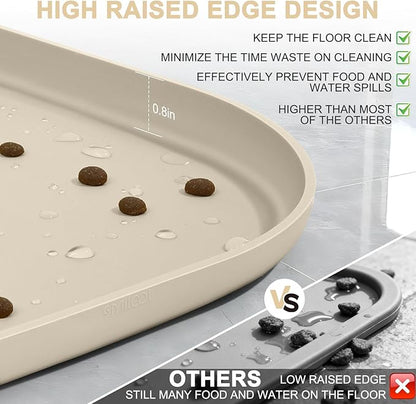 Silicone Pet Food Mat with Raised Edge for Food and Water Bowl, Dog Feeding Mats, Cat Food Trays for Floor Waterproof, Rubber Tray for Dogs and Cats, 24 x 16 x 0.8 Beige