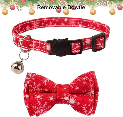 ADOGGYGO Christmas Cat Collar Breakaway with Bowtie Bell - 2 Pack Santa Snowflake Xmas Kitten Collar with Removable Bowtie Christmas Bow tie Collar for Kitten Cat