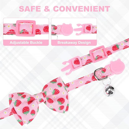 Breakaway Cat Collars with Bell & Cute Pendants - 3 Pack Adjustable Safety Kitten Collars - Decoration for Girl Boy Cats Puppy and Small Pets (Style C - Strawberry)