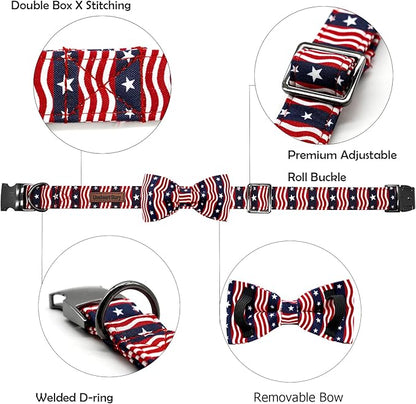 Lionheart glory American Flag Dog Collar, 4 of July Dog Bow Collar Heavy Duty Adjustable Patriotic Dog Collar with Bowtie for Medium Dogs Pet Gift