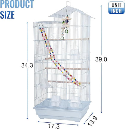 FDW 39 Inch Bird Cage Parakeet Cage with Play Top Rolling Stand & Easy Clean Pull-Out Tray Roof Top Parrot Cage for for Finches Canaries Parakeets Cockatiels & Other Small Birds, White