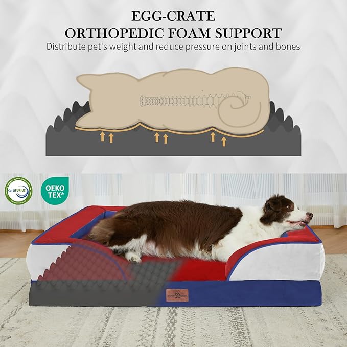 Comfort Expression Orthopedic Dog Bed for Extra Large Dogs 42x30 Inch, Waterproof Egg Crate Foam XL Pet Bed with Removable Bolsters, Dog Couch with Washable Cover & Non-Slip Bottom, American Flag 2