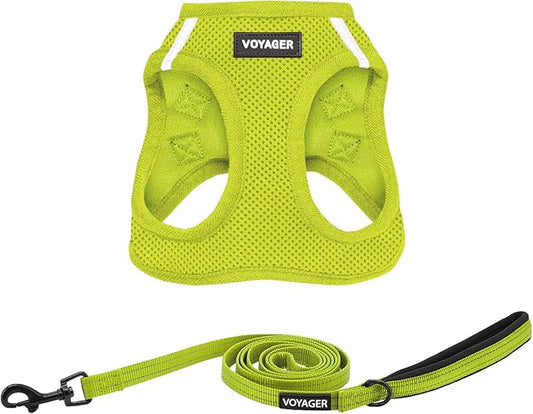 Best Pet Supplies Voyager Step-in Air All Weather Mesh Harness and Reflective Dog 5 ft Leash Combo with Neoprene Handle, for Small, Medium and Large Breed Puppies - Set (Lime Green), XL
