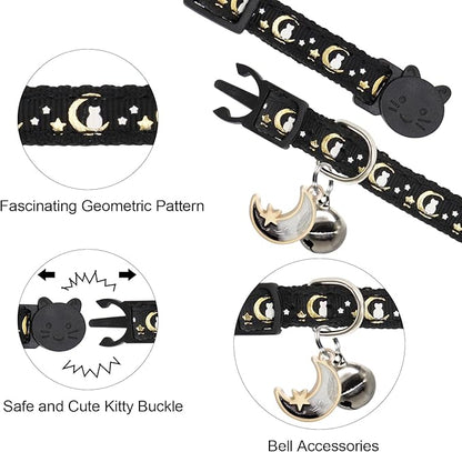 2 Pack Breakaway Cat Collar with Bells, Adjustable Moon and Star Kitten Safety Collars for Boys & Girls, Black+Hotpink