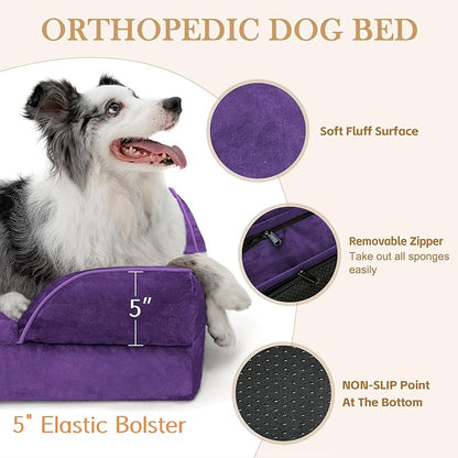 Comfort Expression Orthopedic Dog Bed for Extra Large Dogs 45x35 Inch, Waterproof Egg Crate Foam XL Pet Bed with Removable Bolsters, Dog Couch with Washable Cover & Non-Slip Bottom, Deep Purple