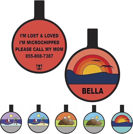 Silent Dog Tag Personalized with 5 Lines of Custom Deep Engraved Durable Soundless Silicone Pet ID Name Tag Round Sunset Orange