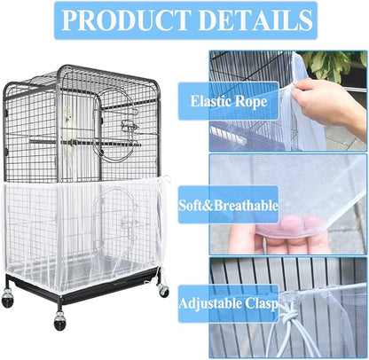 ASOCEA Extra Large Bird Cage Seed Catcher Guard Universal Birdcage Cover Nylon Mesh Net for Parrot Parakeet Macaw Lovebird - White (Not Include Birdcage) …