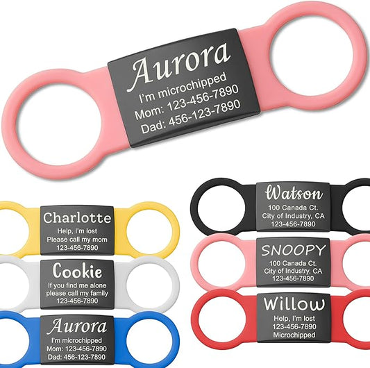 Anavia Slide On Silent Pet ID Tags, S/M/L/XL Personalized Black Stainless Steel Colored Silicone Cat Dog Name Tag, Customized Engraved Nameplate, Quiet Chew-Proof Pet Collar Tag (Pink, Medium)