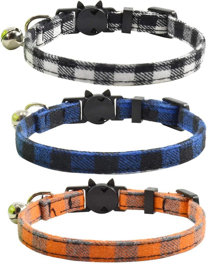 Breakaway cat Collars with Bell, Set of 3, Durable & Safe Cute Kitten Collars Safety Adjustable Kitty Collar for Cat Puppy 7.5-11in (Black,Blue,Orange)