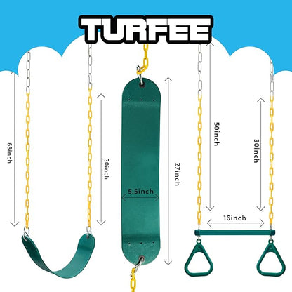 TURFEE 3 Pack Assorted Swing Set, Including 1 Gym Rings Trapeze Bar and 2 Pcs Swings with Plastic Coated Chain, Swingset Accessories Replacement for Kids Outdoor Play, Playground- Green