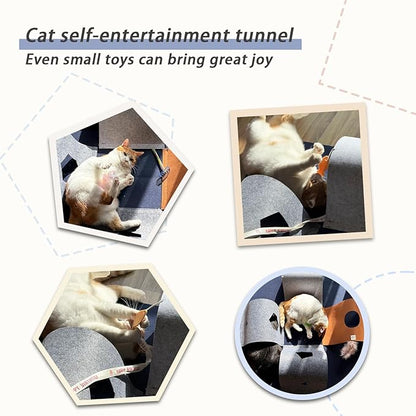 Cat Tunnel Mat for Indoor Cats,4-Way Felt Cat Tunnel Play Mat with Feathers & Bell 6 Pcs Interactive Cats Enrichment Toys Set Foldable Kittens Cave Hideout for Pet Hide & Seek(Navy Blue)