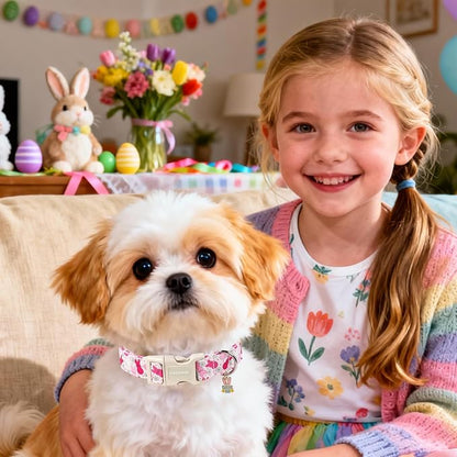 DOGWONG Easter Dog Collar, Cute Easter Pink Bunny Pet Collar Durable Holiday Girl Boy Adjustable Cotton Dog Collars for Small Dogs,S Visit The Elegant Little Tail Store