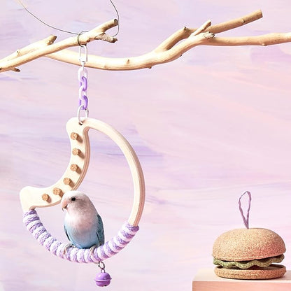 Natural Bird Swing - Tree-Shaped Parrot Perch with Bell and Cork Toys, Spinning Wooden Stand for Parakeets, Budgies, Lovebirds and Small/Medium Birds (White + Green)