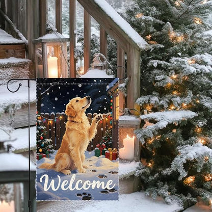 Golden Retriever Welcome Garden Flag 12x18 Inch Double Sided Christmas Winter Burlap Outdoor Yard Decoration Holiday Dog Banner for Porch Patio Lawn