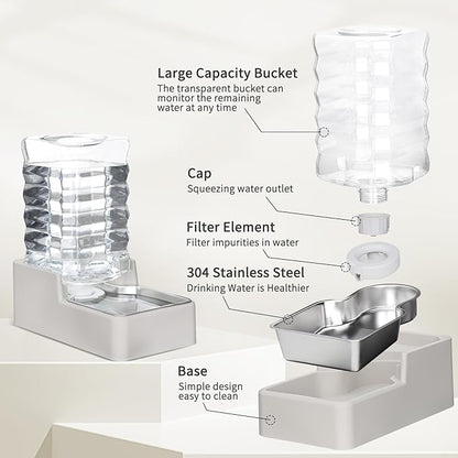 RIZZARI Stainless Steel Pet Water Feeder: 8L Gravity Waterer, Leak-Proof No-Spill Auto Refill - Keeps Floors Dry - Anti-Tip Base - Easy Clean - with Filter - for 25-35 LB Dogs - Home/Office