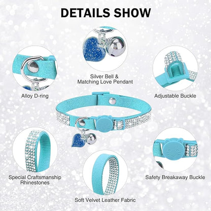 Rhinestone Cat Collar Breakaway with Bell, Diamond Cat Collar with Safety Buckle Quick Release for Girl Boy Small Kitten Pets Puppy,Cute Soft Female Male Cat Collars, Color Blue 8-12"