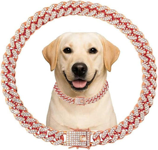 Cuban Link Dog Chain Collar Rose Gold Crystal Dog Necklace Metal with Design Secure Buckle Pet Collar Jewelry Accessories for Small Medium Large Dogs Cats(Rose Glod 18inch)