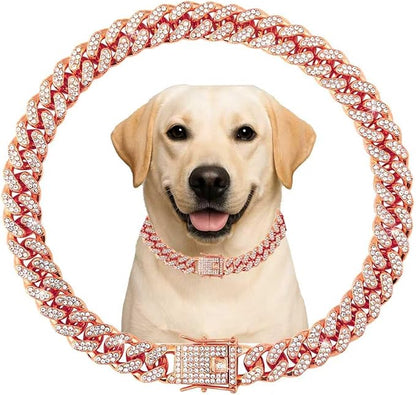 Cuban Link Cat Collar Rose Glod Crystal Dog Necklace Metal Chain Collar with Design Secure Buckle Pet Collar Jewelry Accessories for Small Medium Large Dogs Cats(Rose Glod 10inch)