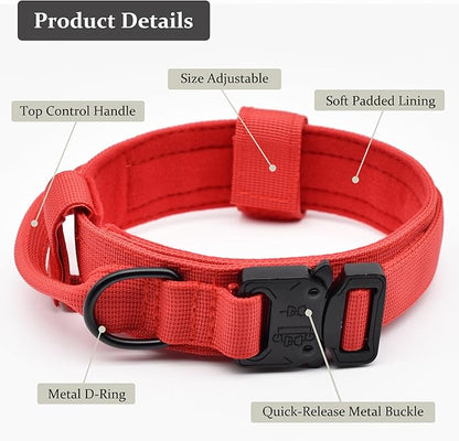 Tactical Dog Collar, Adjustable Military Training Nylon Dog Collar with Control Handle and Heavy Quick-Release Metal Buckle for Small Medium Large Dogs, Red L