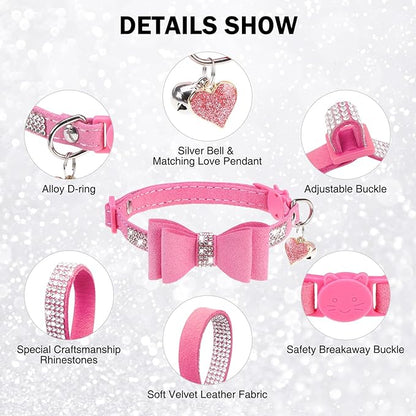 Rhinestone Cat Collar with Bow, Breakaway Elegant Female Diamond Cat Collars with Bell, Pink Leather Sparkly Bowtie Pet Collar for Girl Boy Small Kitten Puppy with Safety Buckle, 8-12"
