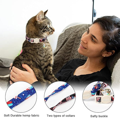 Cat Collar,2 Pack 4th og July Cat Collars Breakaway with Bell, DOGWONG Safety Buckle Cat Collar for Girl Boy Cats and Small Dogs，Adjustable 7-12 Inch,Pet Supplies Accessories