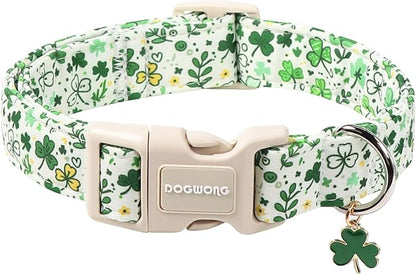 DOGWONG St Patrick's Dog Collar, Green Clover Pet Collar Cotton Holiday Pet Collar Cute Puppy Collar Adjustable Pet Dog Collars for Small Medium Dogs,M