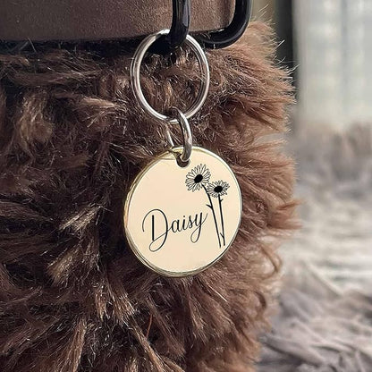 Cats Dogs ID Tags Personalized Engraving Birth Flowers Pattern for Custom Pets Collar Accessories 316L Stainless Steel Large Round Name Plate