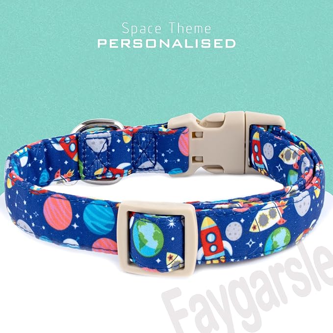 Faygarsle Space Theme Dog Collar, Navy Blue with Rockets and Planets Pattern for Summer Small Medium Large Dogs L
