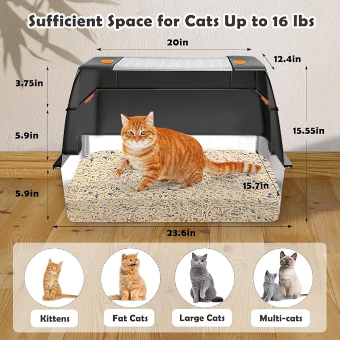 Vivifying Stainless Steel Litter Box, XL Side Entry Extra Large Litter Box with Lid for Big Cats & Kitty, Removable Enclosed Metal Cat Pan with High Sided Enclosure, Scoop, Mat, Footboard (Black)