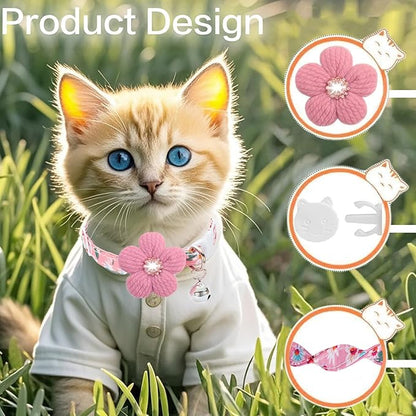 Cat Collar, HYQHYX Breakaway Kitten Collar with Flower,Rhinestone Kitty Collar with Bell, Floral Pet Collar with Safety Buckle for Cats and Puppy Dog