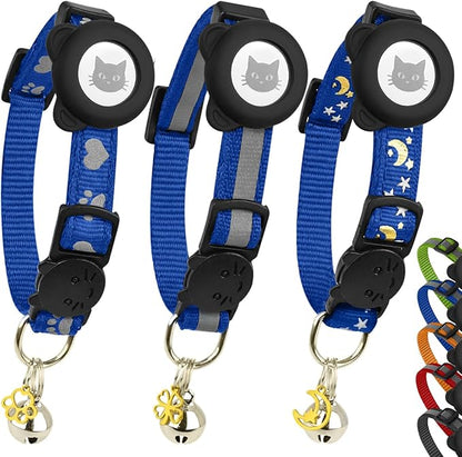 Cat Collar with AirTag Holders, 3-Pack, Reflective Breakaway Safety Collars, Bells and Matching Charms, Adjustable, Paw Hearts, Moon Stars Design, Lucky Charm, Blue