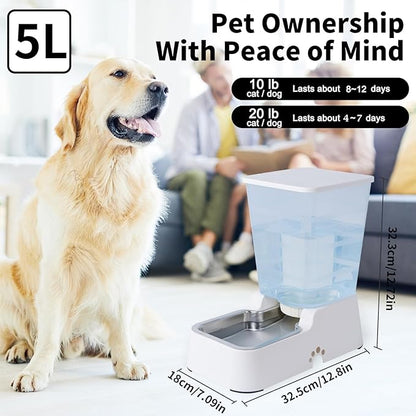 Meikuler Pets Auto Feeder 5.2L,Food Feeder and Water Dispenser Set for Medium & Large Dogs Cats and Pets Animals (White)