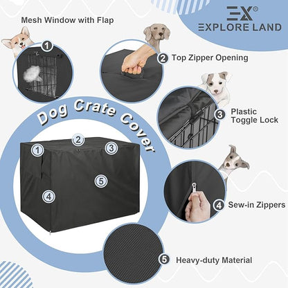 Explore Land Dog Crate Cover Heavy Duty Polyester Pet Kennel Sunshade Universal Fit for 42 inches Wire Cage (Black)